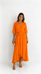 Wrap Maxi Dress with Flutter Sleeves and Adjustable Waist Tie – Elegant Chiffon Long Dress for Women 7