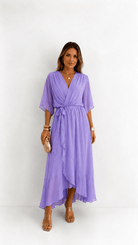 Wrap Maxi Dress with Flutter Sleeves and Adjustable Waist Tie – Elegant Chiffon Long Dress for Women 8