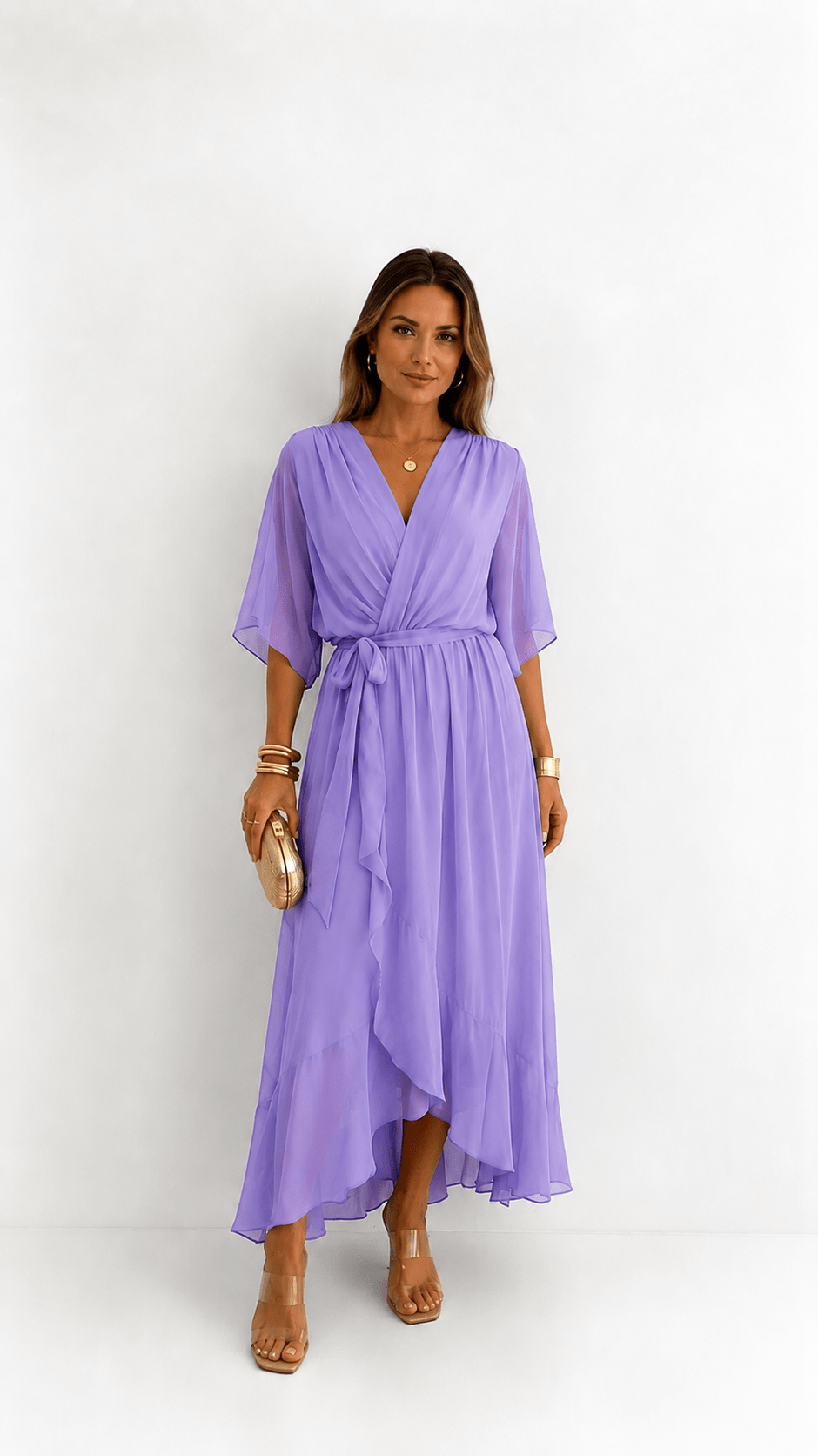 Wrap Maxi Dress with Flutter Sleeves and Adjustable Waist Tie – Elegant Chiffon Long Dress for Women 8