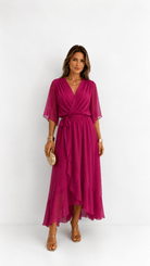Wrap Maxi Dress with Flutter Sleeves and Adjustable Waist Tie – Elegant Chiffon Long Dress for Women 9