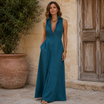 Women's Maxi Dress with Collared Button-Front – Breathable Linen Blend for Summer Elegance