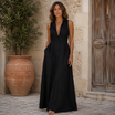 Women's Maxi Dress with Collared Button-Front – Breathable Linen Blend for Summer Elegance
